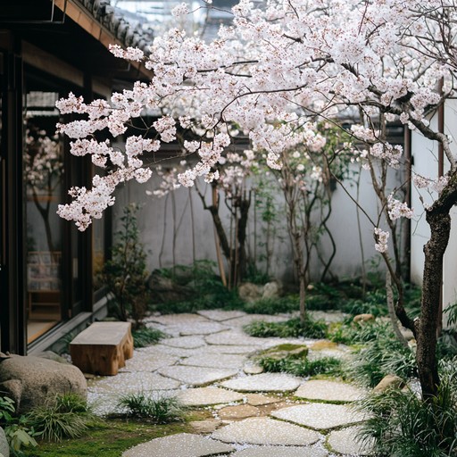 An instrumental piece showcasing the beautiful tones of the guzheng, capturing the essence of blooming cherry blossoms and serene gardens, bringing forth emotions of tenderness and reflective tranquility