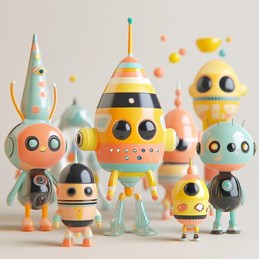 Picture a futuristic parade featuring digital beings and toys moving to the beat of quirky and whimsical synthetic melodies. This track merges synthetic and toy like sounds, creating an upbeat yet nostalgic vibe, blending modern tech with playful innocence