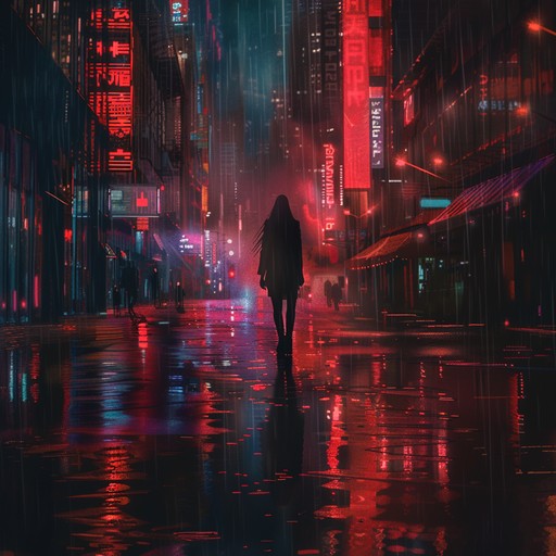 Echoes of lost times resonate through the city as gentle raindrops mix with soft synths, invoking a sense of nostalgia and melancholy in a cyberpunk future.