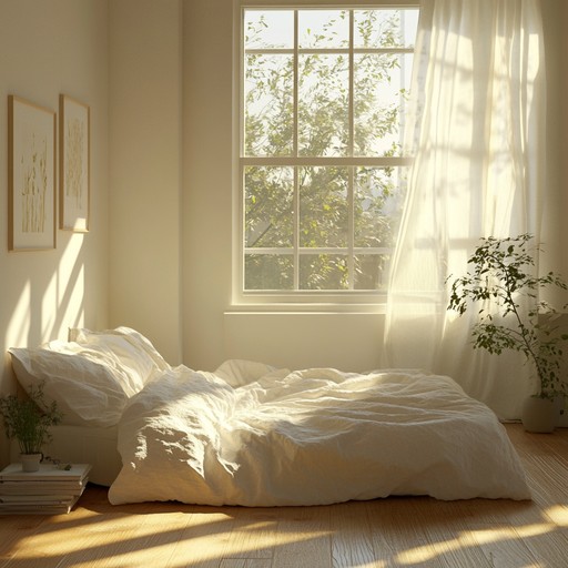 An instrumental track featuring delicate guitar and warm synth layers, capturing the feeling of morning sunlight streaming into a peaceful bedroom, filling it with hope and positivity.