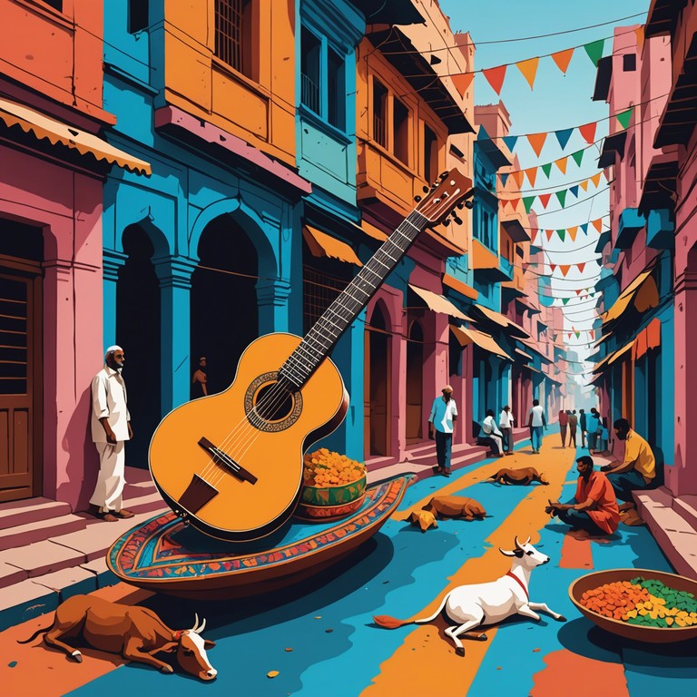 This track combines the traditional melodies of a raga with the energetic vibrations of rock. It involves a whimsical journey led by a prominent sitar playing intricate patterns against a backdrop of rock rhythms, which simulate the hustle and spiritual allure of varanasi's streets