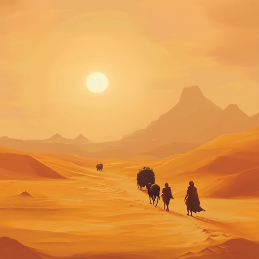 Imagine a caravan trekking through an ancient desert. The gritty texture of the journey is conveyed through heavy percussion and ambient ethnic instruments, giving a sense of determination and resilience against the harsh conditions. The music gathers influences from middle eastern nomadic traditions, blending them with gritty, raw sounds to create a vibrant tapestry of rhythm and melody.