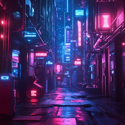 An intense cyberpunk track filled with distorted basslines, aggressive synths, and relentless drums, painting a sonic picture of a futuristic dystopian city. Pulsating rhythms drive the track forward, while eerie digital textures convey an atmosphere of rebellion and chaos.