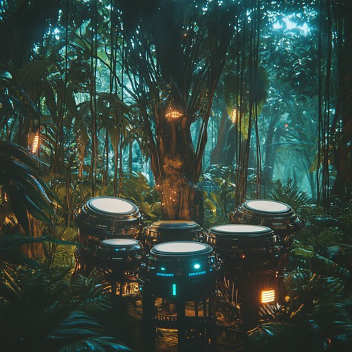 Imagine a celebration in a futuristic jungle party with tribal drums, cosmic synths, and eclectic sounds that transport you through space. This track combines traditional rhythms with futuristic electronic touches to create an energetic, festive atmosphere that's truly out of this world.