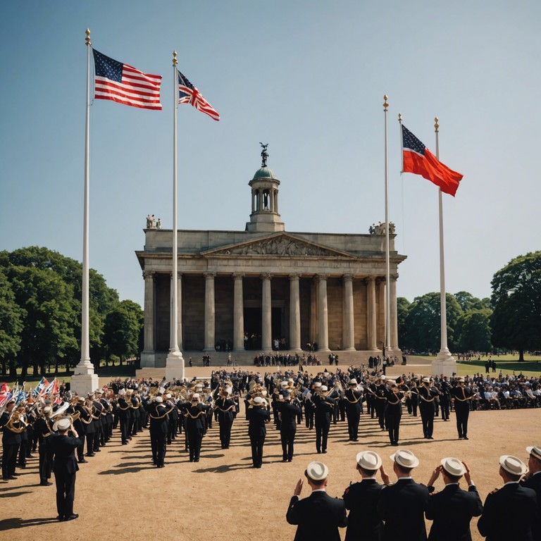 A robust and uplifting brass ensemble plays in a triumphal parade setting, embodying the spirit of victory and communal pride with every blast of the trumpet and beat of the drum.