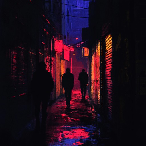 Groovy basslines with mysterious synths and tense percussions, creating a suspenseful urban chase at night. Bass heavy rhythms captivate, ideal for thrilling scenes.