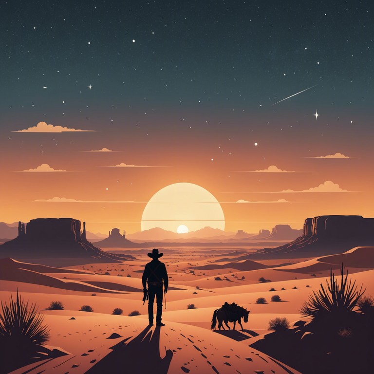 Imagine a soundscape that captures the essence of a vast, dreamlike desert under a twilight sky. The music blends mystical western motifs with surreal, echoing textures that evoke scenes of lone cowboys and distant horizons. The track uses a harmonic blend of traditional and ethereal sounds, creating an immersive experience that feels like drifting through a mirage.