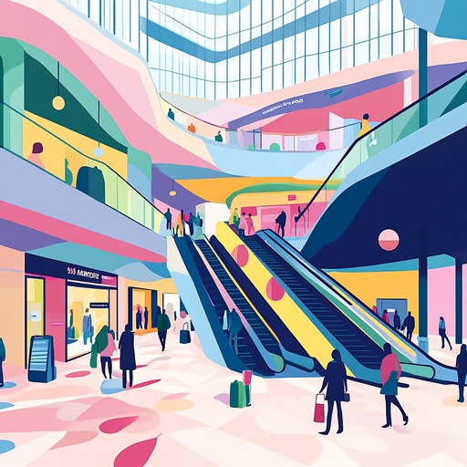 Evokes atmosphere of a vibrant shopping mall, where melodic heights reflect the escalator’s rise, and soft descents mirror the steps down, surrounded by bright store fronts and energetic shoppers.