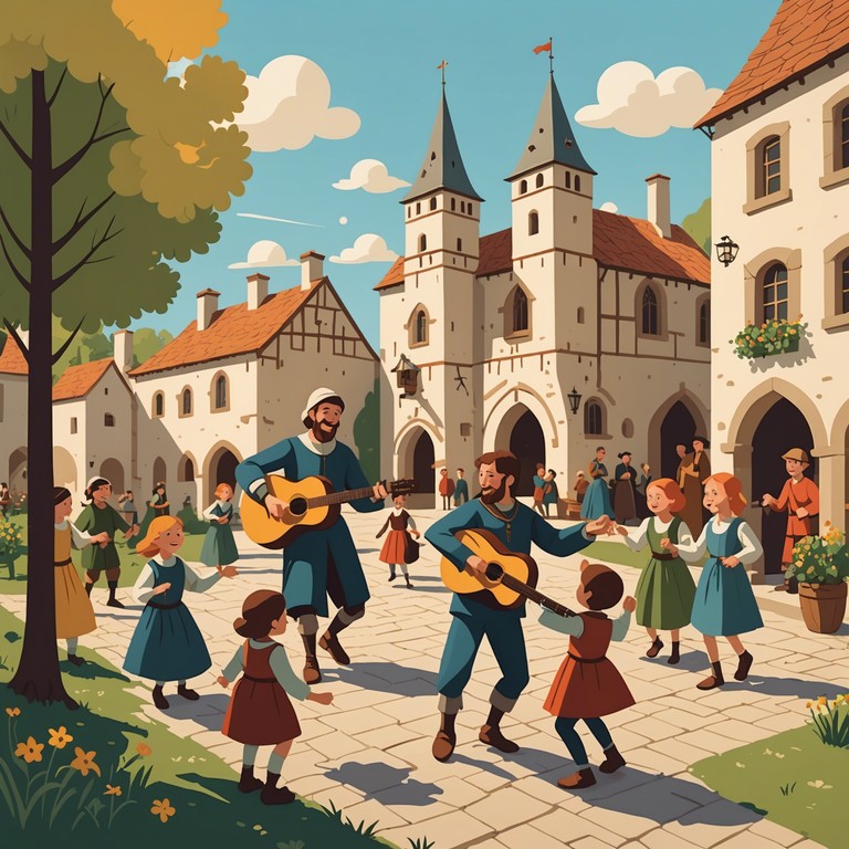 The musical composition conveys not just a performance but a cultural celebration that spreads vibrance and unity among the villagers. The playful strings of the lute tell a story of tradition, joy, and community spirit during a medieval festival.