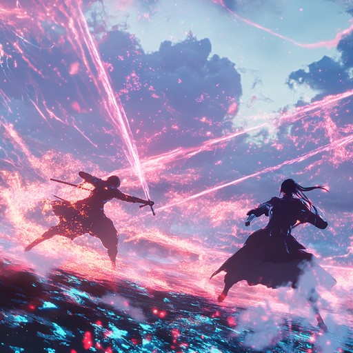 A soundtrack designed to accompany a high tension, climactic anime battle scene, featuring swift percussive beats and soaring melodies that mimic the emotions and pace of an otherworldly fight amid digital cosmos. Focused on delivering high energy and a sense of urgent determination, each note crafted bespoke to underline powerful fighting movements and anime style story progression.