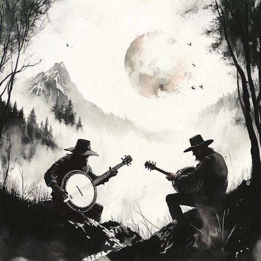 A thrilling instrumental bluegrass track featuring dueling banjos, set against a backdrop of rugged, mountainous terrain. The energetic tempo and rapid string plucking evoke the tension and excitement of an old fashioned mountain showdown.