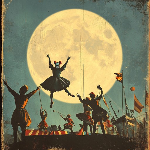 Explores the high energy escapades of jesters at a moonlit carnival, focusing on their playful interactions and the joy they bring to the nighttime festivities.