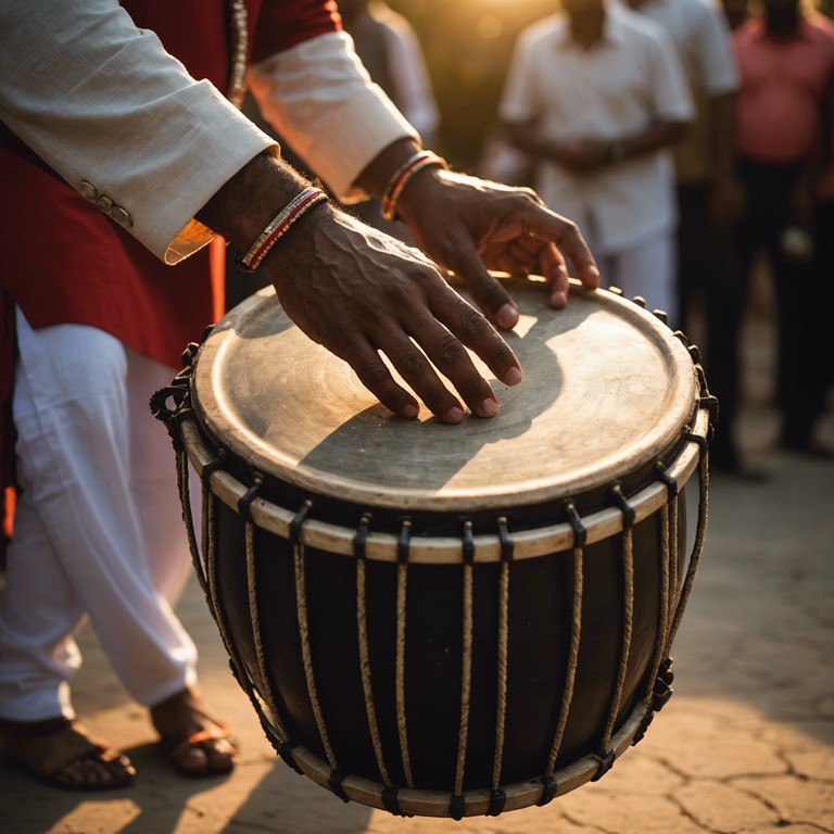 A track that encapsulates the invigorating energy of a punjabi village celebrating harvest, with men and women in colorful attire dancing to the robust, infectious beats of the dhol under a rising sun.