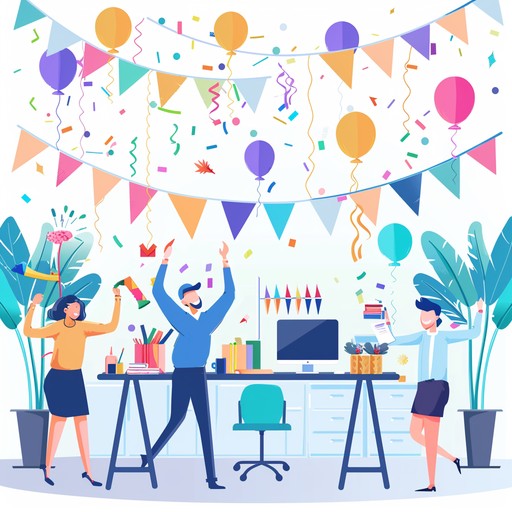 A lively, upbeat muzak track perfect for celebrating successes and joyous moments in an office environment. The composition features playful melodies, light percussion, and peppy rhythms that create a cheerful atmosphere, making it ideal for any corporate celebration or team event.