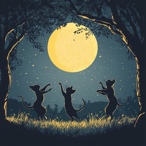 A whimsical instrumental piece featuring ukulele melodies capturing the image of cats dancing mischievously under the moonlight with light hearted, bouncy rhythms