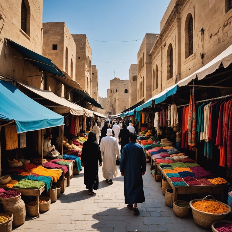 Explores the vibrant and colorful essence of a bustling middle eastern market through its dynamic melodies. The music encapsulates the pulsating life of the ancient streets, filled with the smells of spices and sounds of daily life, providing a rhythm that captures the soul of the desert and its cultural richness