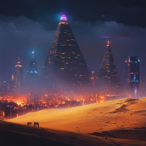 A captivating blend of futuristic electronic synths and ancient egyptian music, creating an immersive ambient track that evokes a journey through time and space.