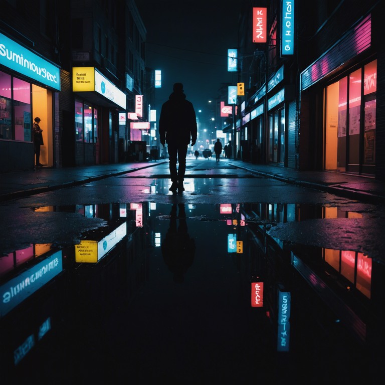 Imagine a lone figure walking through misty, rain slicked streets, illuminated by the soft glow of street lamps and neon signs, as gentle music captures a moment of urban solitude.