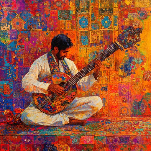 A dynamic hindustani classical fusion piece infused with contemporary rhythms, highlighting the powerful and confident strokes of the sitar, creating an energizing and captivating musical journey.