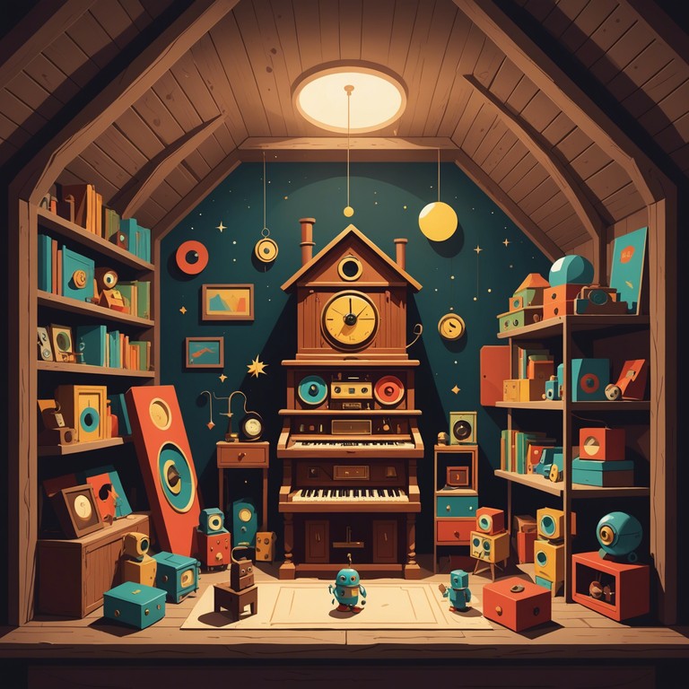 Imagine a dimly lit playroom at dusk, where antiquated toy instruments begin to play a haunting, melodious tune as if possessed by a mischievous spirit. The music captures the eerie yet playful essence of a childhood scene intertwined with supernatural elements.