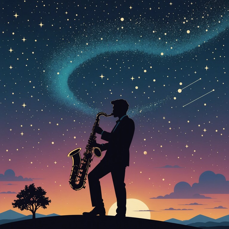 Imagine a tranquil cool night where the saxophone echoes through an infinite cosmos; each note revealing mid air dances of stardust and distant planets aligning. This track imparts the impression of floating across space, captivated by the tranquil yet mysterious aura of the universe.