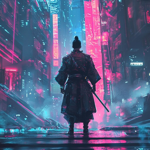 An instrumental track blending retro futuristic synthwave sounds with traditional japanese shamisen melodies, creating a confident and energetic journey of a neon lit samurai through a cyberpunk landscape.