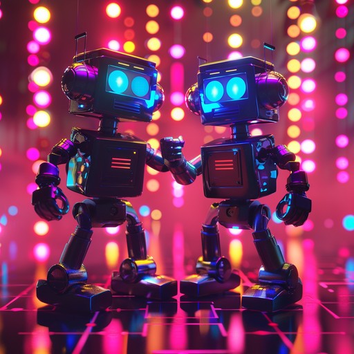 A whimsical blend of retro and modern synths, featuring vibrant electronic rhythms and quirky robot sounds. Perfect for dance parties and fun, upbeat scenarios.