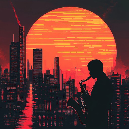 A pulsating instrumental piece blending lively jazz saxophone melodies with modern electronic rhythms, capturing the energetic essence of dawn breaking over a bustling neon lit metropolis. The song starts with soft ambient sounds, gradually adding layers of saxophone and electronic beats, building up to an exuberant climax that reflects the city's awakening.