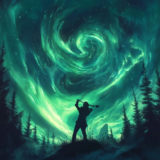 A jubilant piece featuring violin melodies inspired by nordic music, capturing the spirit of communal dances beneath the shimmering aurora, evoking joy and connection with nature.