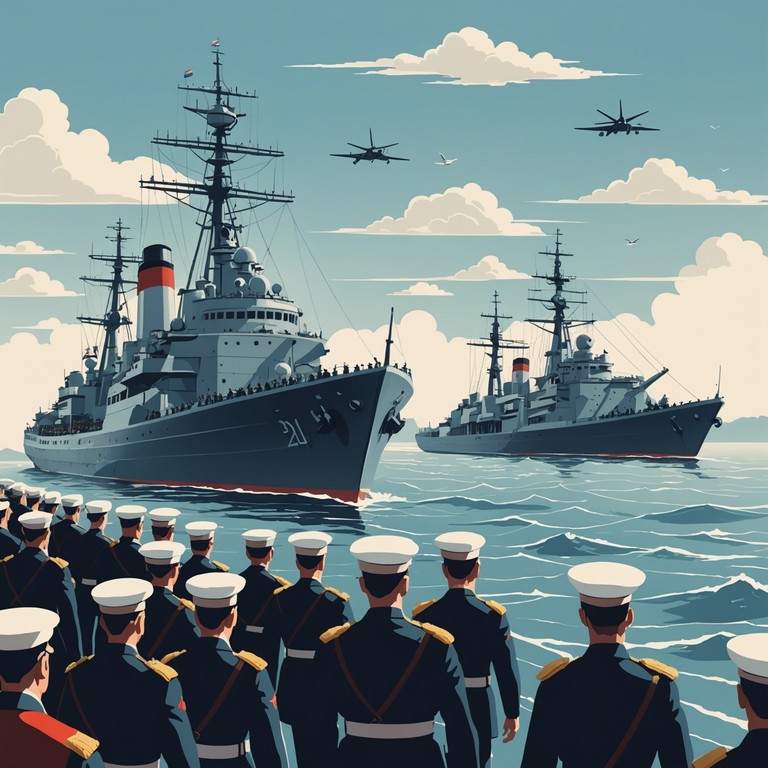 This piece merges vibrant folk energy with a robust orchestral backing to simulate the environment of a naval march, reflecting the pride and the timeless valor of the russian sailors. Higher tempo sections accompanied by the spirited plucking of the balalaika emphasize the energy and camaraderie among the sailors.