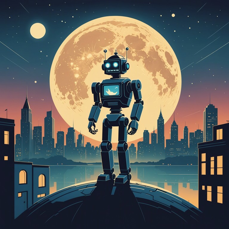 Set in the backdrop of a deserted cityscape under a starlit sky, this track features a lonely robot who expresses its desires through dance. The music combines electronic beats with surreal, whimsical flourishes, reflecting the unique fusion of loneliness and a peculiar joy as the robot twists and turns in the moonlight.