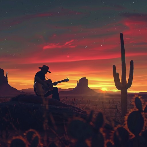 This track captures the expansive feel of the wild west as sunset turns the sky into a canvas of deep oranges and purples. The music follows the slow, steady journey of a lone cowboy riding across the desert landscape. His day's adventures settling into the shadows as the night approaches.