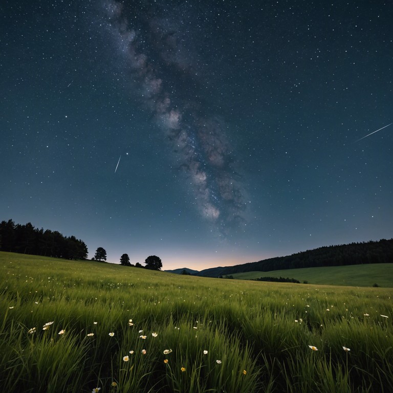 Imagine a serene evening in a vast, open meadow under a star filled sky. The gentle strumming of an acoustic guitar complements the whisper of the night breeze, creating a peaceful, contemplative atmosphere. This track is perfect for unwinding after a long day or as a soothing background for quiet moments.