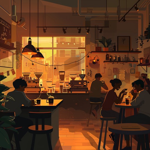 Relax in a cozy coffee shop with warm melodies, ambient chatter, and the comforting sounds of cups clinking, creating an inviting and uplifting atmosphere perfect for a daydreaming session.