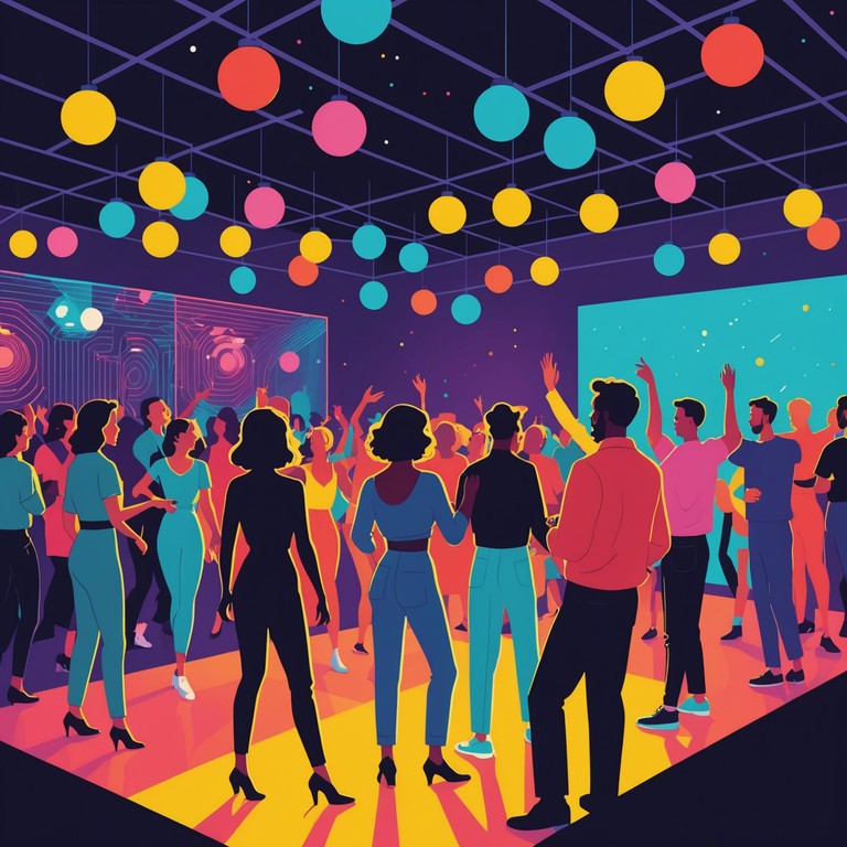 Step into an era of sparkling disco balls and funky tunes with 'disco delight evening'. This alternative version brings sharper focus on synthesized melodies and richer bass lines that underscore the quintessential nightlife experience of the disco era.