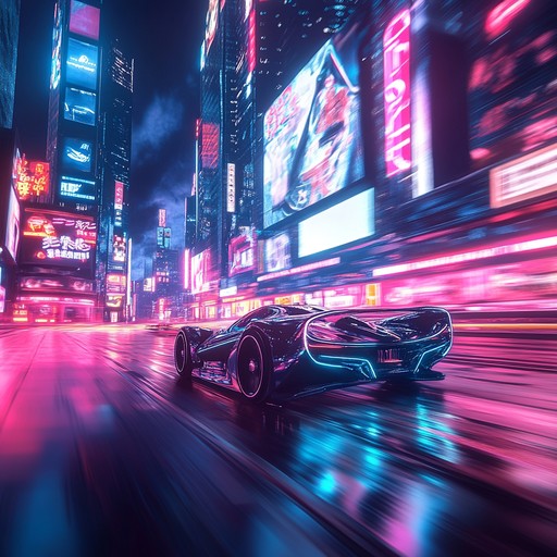 An electrifying, high speed chase soundscape filled with vibrant synths and dynamic beats, encapsulating the excitement and futuristic vibes of a neon lit city pursuit.