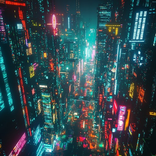 An instrumental piece that melds pulsating electronic beats with ethereal synth layers, transporting listeners into a futuristic cyberpunk cityscape filled with neon lights, digital rain, and surreal virtual realities