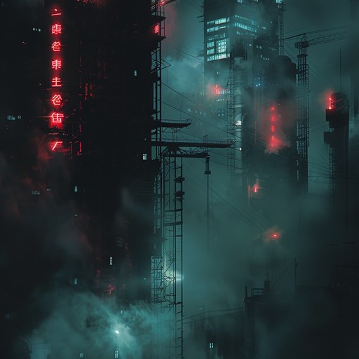 Dark, rhythmic techno track depicting a shadowy urban landscape