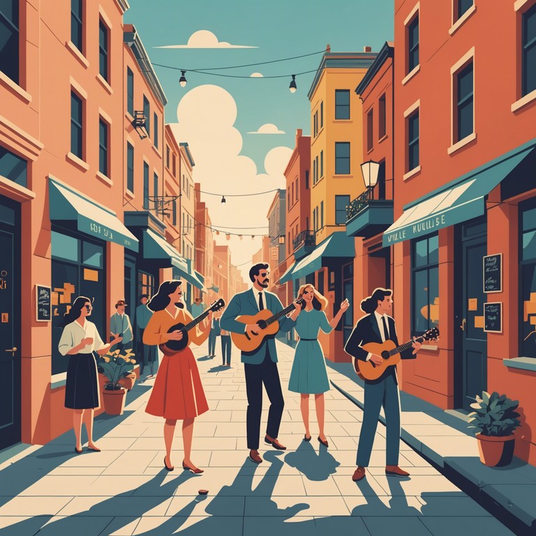 Imagine a scene of vibrant morning light gently waking up a sleepy town with the sounds of a ukulele playing a happy tune, inviting everyone to smile and enjoy the day.