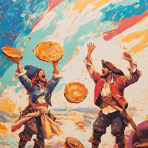 A fast paced and playful punk instrumental that captures the mischievous antics of pirates as they engage in a chaotic pancake feast, featuring energetic guitar riffs and whimsical melodies that evoke fun and adventure.