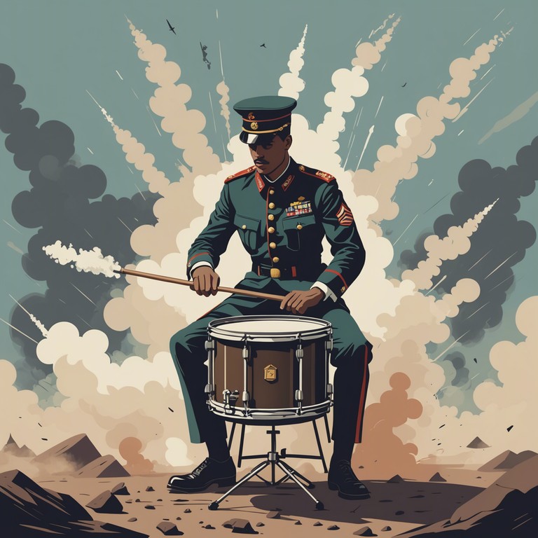 This instrumental piece captures the relentless spirit of a military advance, characterized by powerful, driving drum beats that echo the march of soldiers. The song builds a soundscape of determination and grit, fueled by the reverberating sounds of drums that mimic the battlefield's pulse.