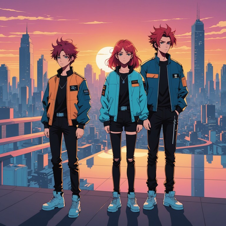 The song features a high energy, fast paced melody that encapsulates the spirit of young rebellion in a fictional dystopian anime universe. The mood is defiant and victorious, designed to accompany scenes of high stakes confrontation and triumphant youth rising against oppressive forces. Rock electric guitars lead the charge, drawing inspiration from classic anime soundtracks but with a fresh, modern rebellious twist.