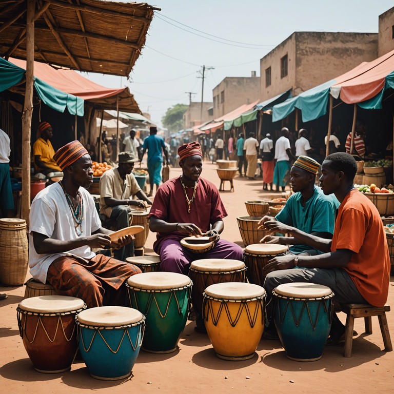 An instrumental afrobeat song that marries the powerful rhythms of a traditional djembe with the vibrant dynamics of modern musical technology, crafting an inspiring and rousing musical experience.