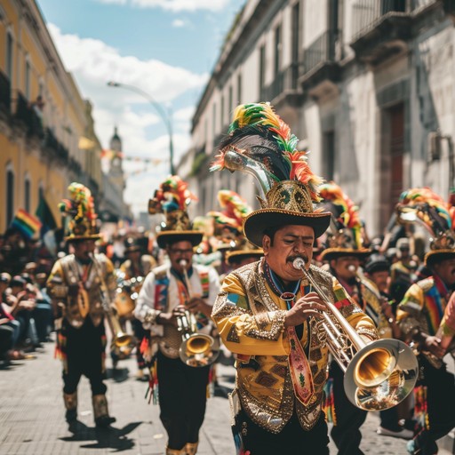 Experience the vibrant colors and infectious energy of a triumphant carnival parade. Lively brass instruments and spirited percussion create a festive, jubilant atmosphere, celebrating victory and unity in a sunlit street festival.