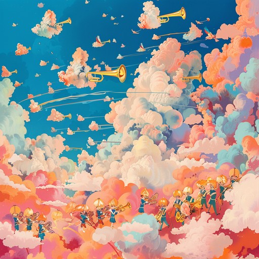 Imagine a spirited parade in the sky, with playful clouds and jubilant celestial beings dancing to the beat of triumph. Brass bands echo through the heavens in a majestic blend of joy and festivity, perfect for envisioning victories in the most whimsical, high flying settings.