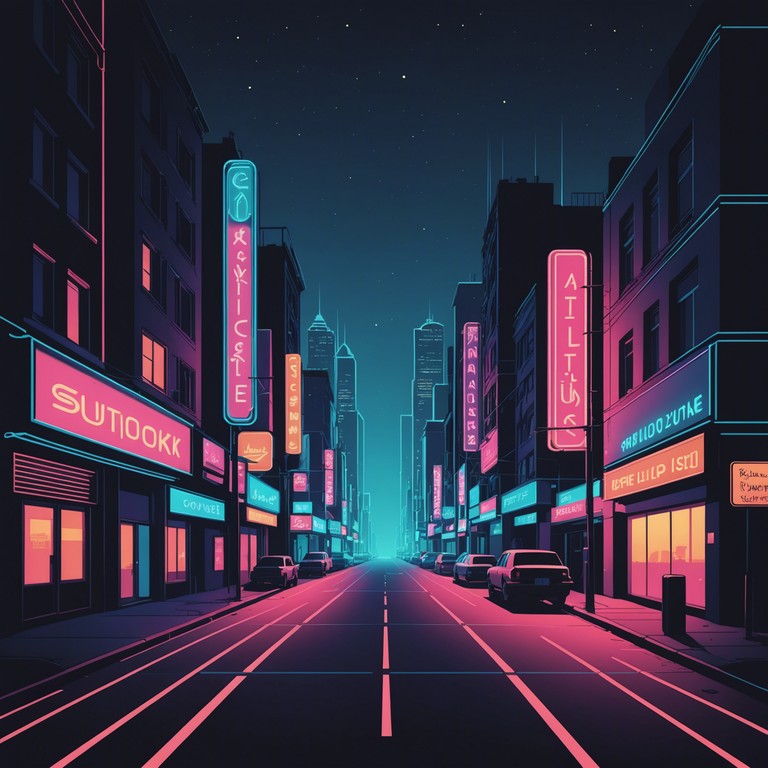 An instrumental track that blends mysterious synth textures with groovy beats, creating a surreal dance floor in an abandoned neon lit cityscape. The music evokes a feeling of exploration through forgotten neon lit arcades and shadowy streets.