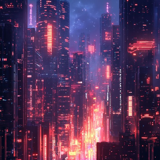 A pulsating cyber punk track evoking a high tech city with glowing neon lights. Its intricate synthesizer layers create an electric atmosphere of intensity and urgency.