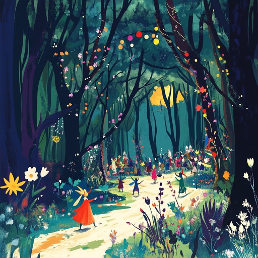 Visualize a lively forest festival where elves and fairies dance to the enchanting music of flutes and strings. Light hearted melodies and dynamic shifts evoke the magic and charm of a hidden world. Visualize a lively forest festival where elves and fairies dance to the enchanting music of flutes and strings. Light hearted melodies and dynamic shifts evoke the magic and charm of a hidden world.