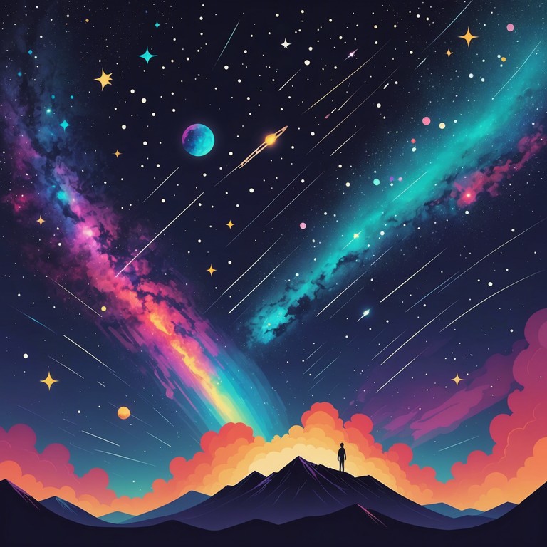 Imagine a composition where the pulsating rhythms of electronic dance music meet the soaring, distant echoes of outer space themes, creating an electrifying auditory journey reminiscent of a celebratory cosmic event. This track would rely heavily on layered synthesizers and a solid, upbeat tempo to keep listeners engaged and uplifted.