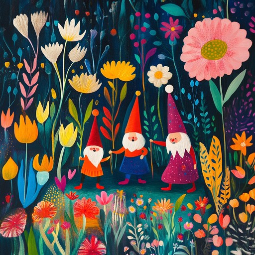 A delightful melody capturing the mischief and merriment of garden gnomes dancing among flowers, featuring jingling bells and bouncy rhythms to create an enchanting and lively atmosphere